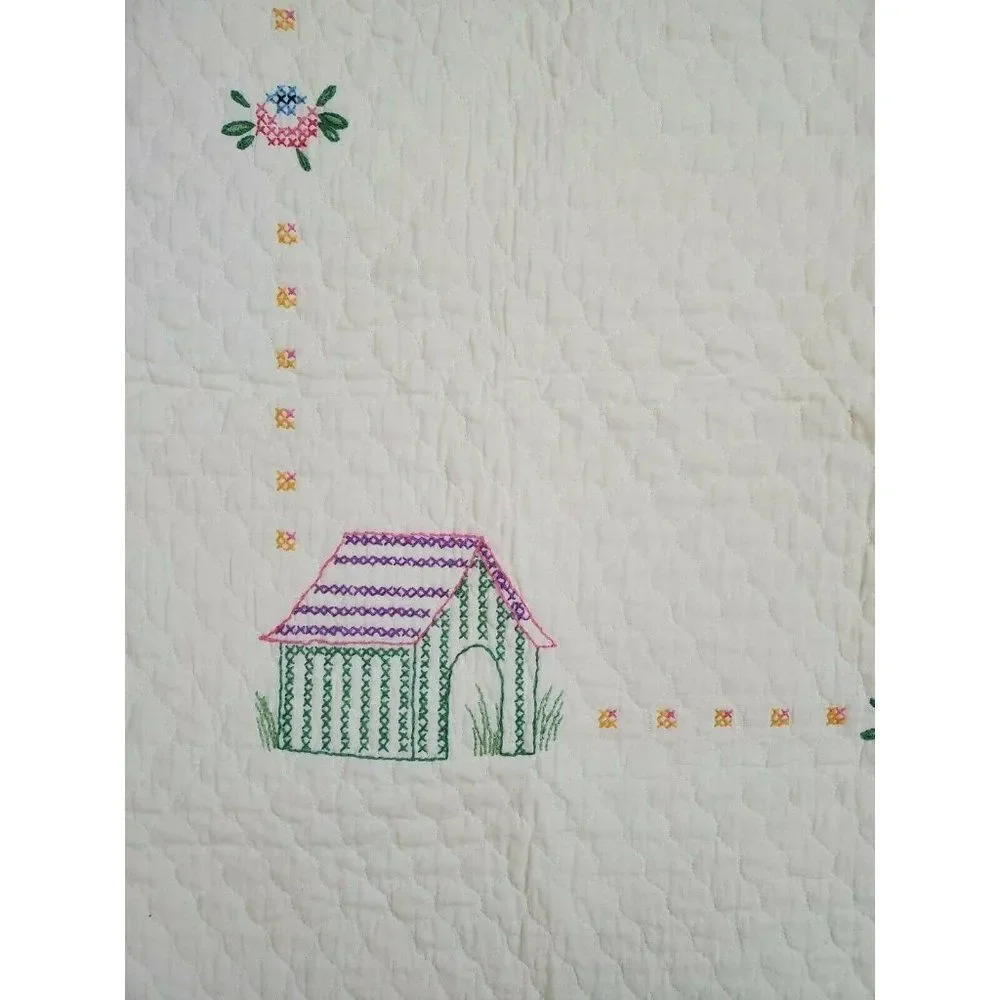 Vintage 70s Disney Needlecraft Crib Blanket Mickey Minnie Cross Stitch Yellow